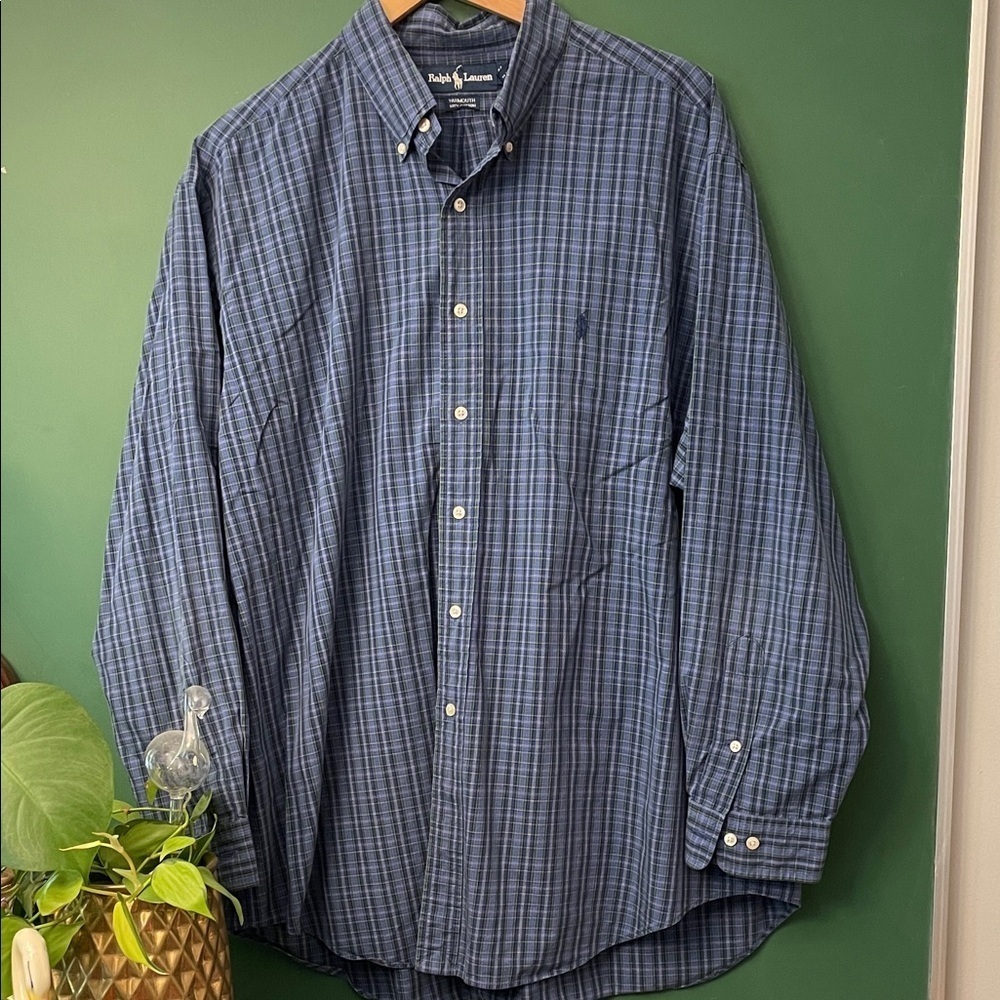 Ralph Lauren Yarmouth 100% Cotton Mens 17.5/34-35 Blue, Green & Navy Plaid Woven